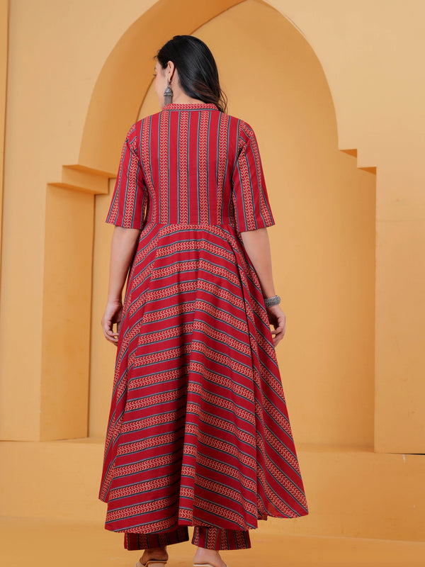 Pure cotton red Anarkali kurta set for women Back view