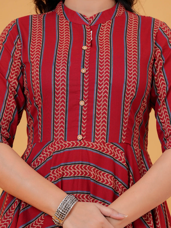 Red Printed Cotton Anarkali Kurta Set for Women