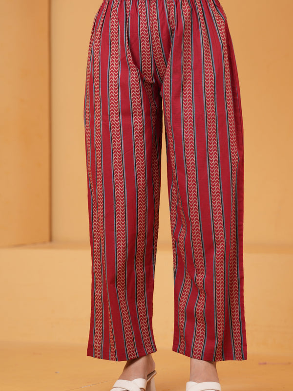 Red Printed Cotton Anarkali Kurta Set Pant  View
