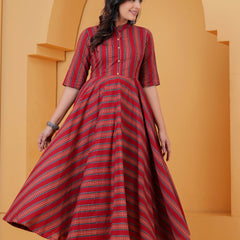 Red Striped Cotton Anarkali Kurta Set