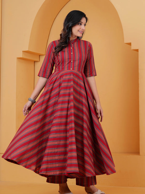 Red Striped Cotton Anarkali Kurta Set