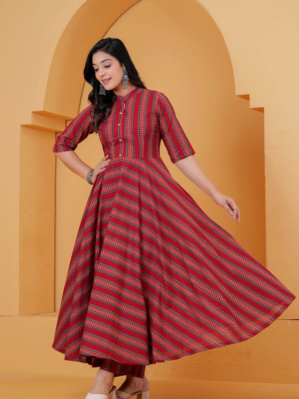 Pure cotton red Anarkali kurta set for women