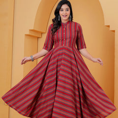 Red printed Anarkali kurta with matching trousers
