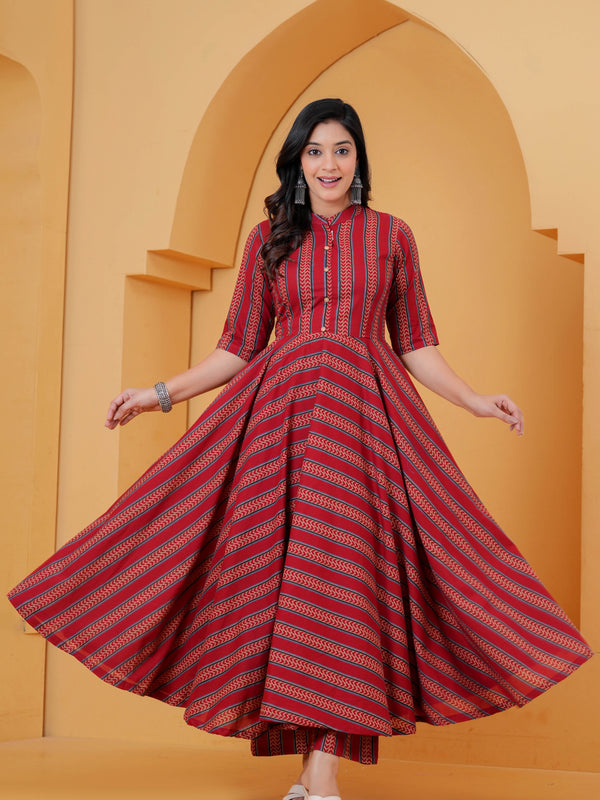 Red printed Anarkali kurta with matching trousers
