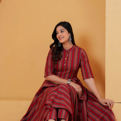 Women red striped cotton Anarkali kurta set
