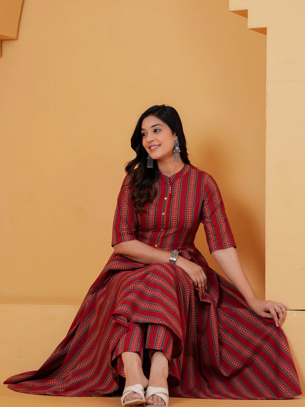 Women red striped cotton Anarkali kurta set
