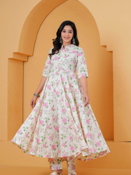 White floral printed kurta with matching palazzo pants
