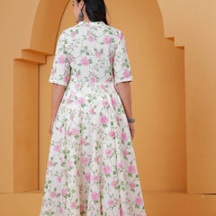 White Floral Cotton Anarkali Kurta Set Back View