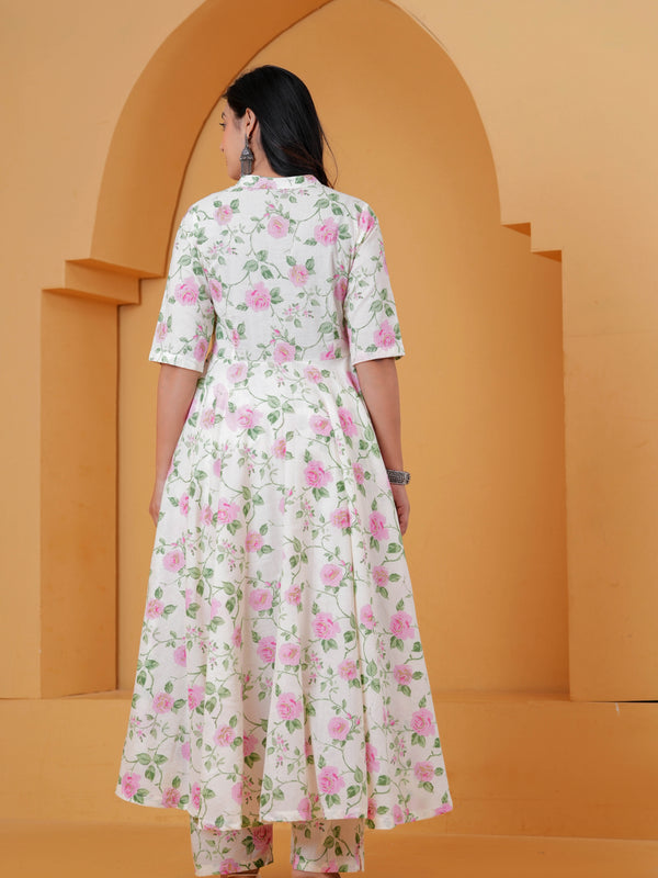 White Floral Cotton Anarkali Kurta Set Back View