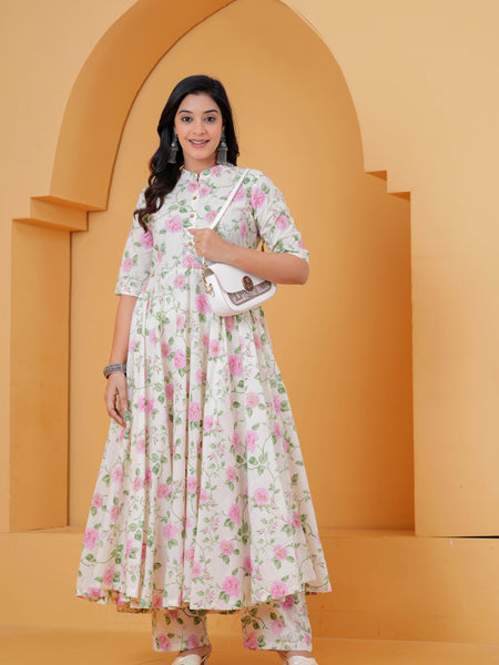 White floral printed Anarkali kurta with palazzo pants
