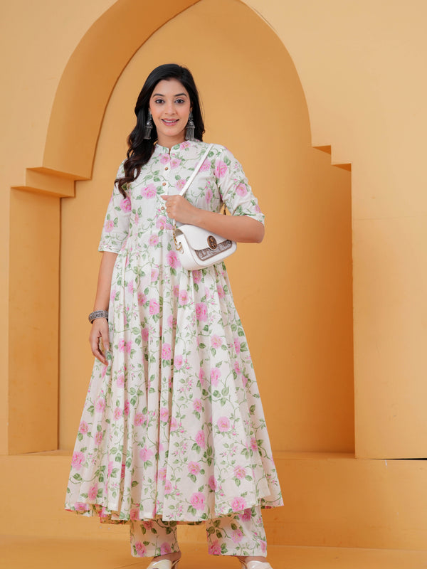 White floral printed Anarkali kurta with palazzo pants
