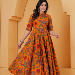 Women yellow floral printed Anarkali kurta set
