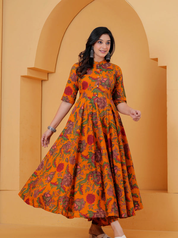 Women yellow floral printed Anarkali kurta set

