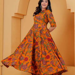 Yellow ethnic Anarkali kurta for women with floral pattern
