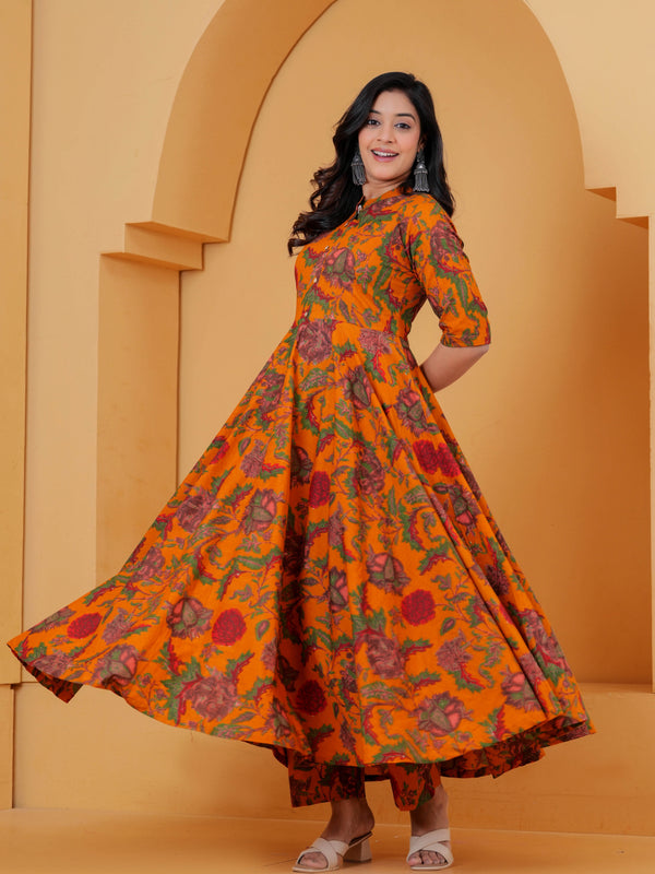Yellow ethnic Anarkali kurta for women with floral pattern
