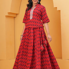 Red printed kurta with flared skirt
