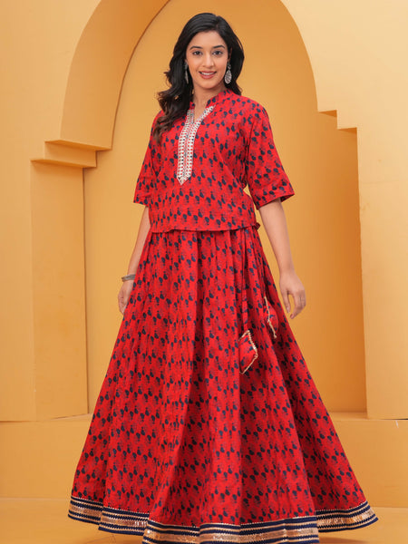 Red printed kurta with flared skirt
