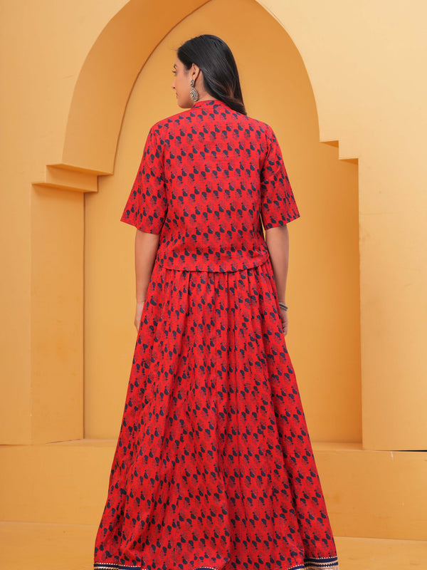 Red Ethnic Motif Kurta Skirt Set