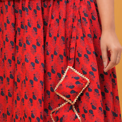 Red thread work kurti with long skirt and dupatta
