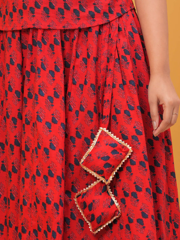 Red thread work kurti with long skirt and dupatta
