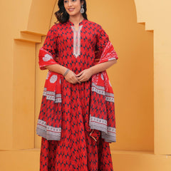 Red Ethnic Printed Kurti Skirt Set for Women