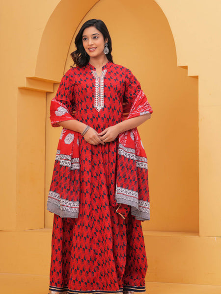 Red Ethnic Printed Kurti Skirt Set for Women