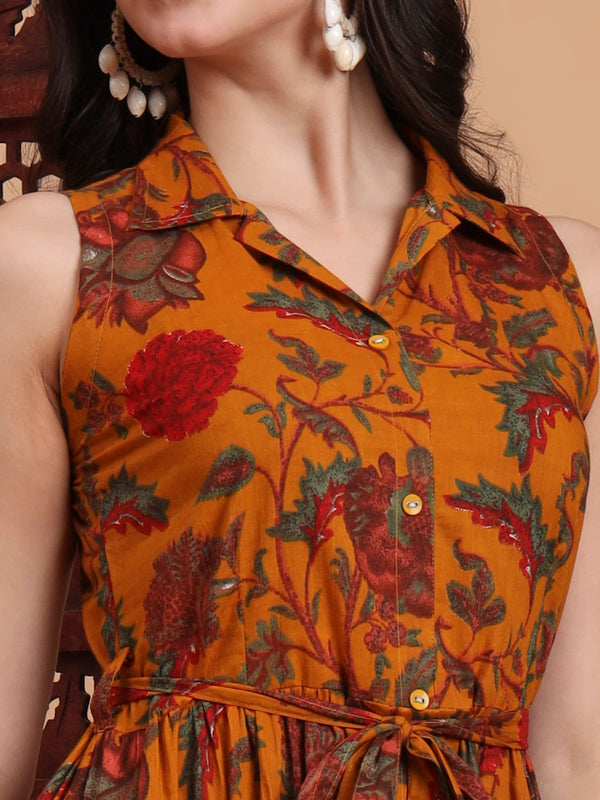 Women Floral Printed Shirt Collar Print Fit & Flare Maxi Dress