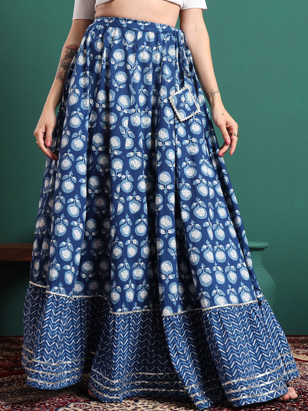 Women Floral Printed Cotton Flared Maxi Skirt