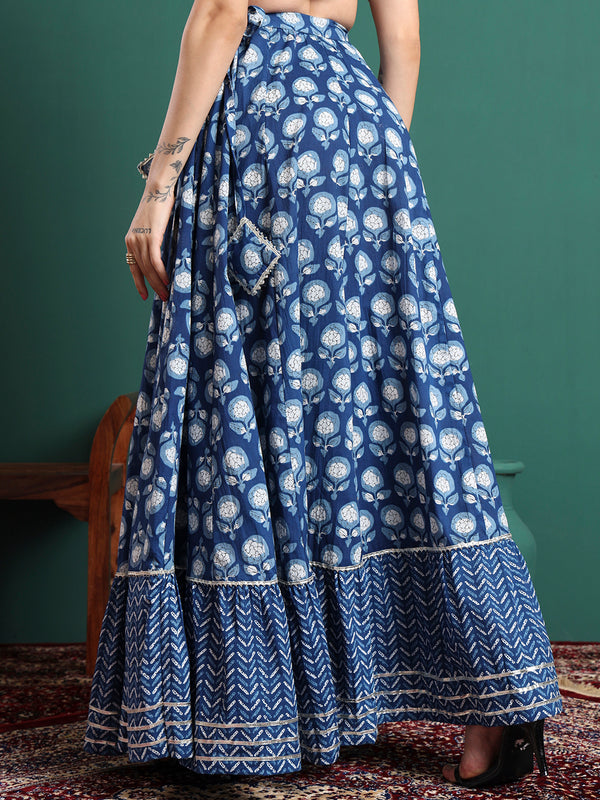Women Floral Printed Cotton Flared Maxi Skirt