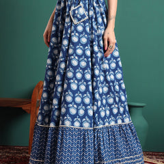 Women Floral Printed Cotton Flared Maxi Skirt