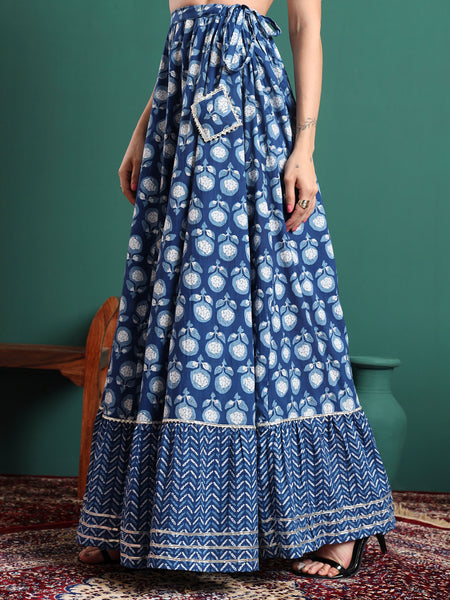 Women Floral Printed Cotton Flared Maxi Skirt