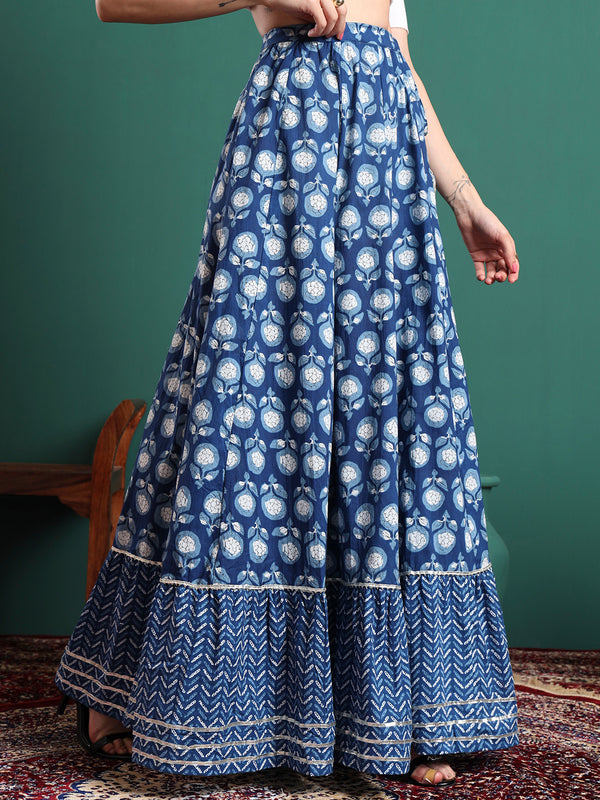 Women Floral Printed Cotton Flared Maxi Skirt