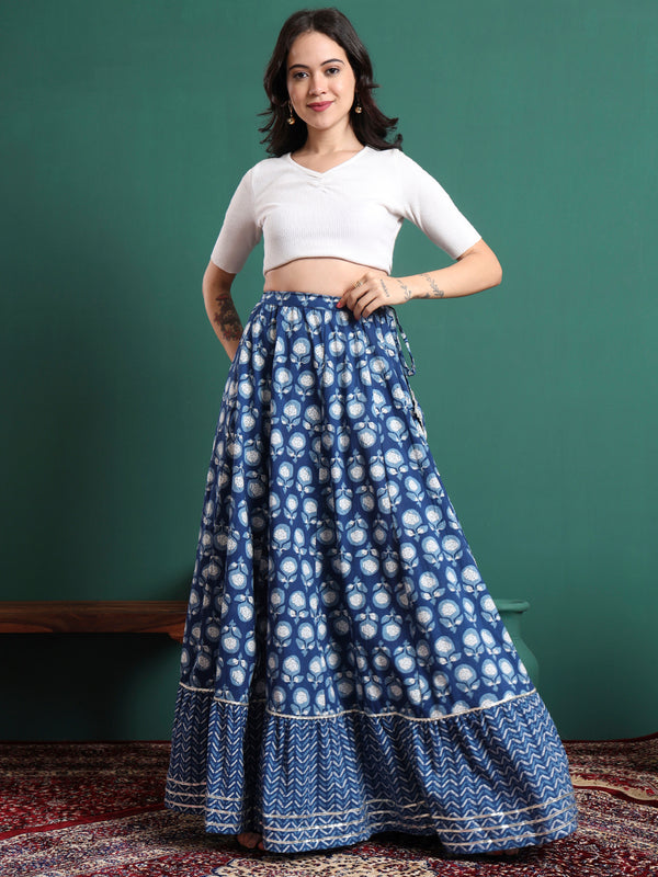 Women Floral Printed Cotton Flared Maxi Skirt