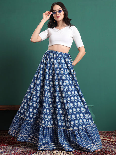 Women Floral Printed Cotton Flared Maxi Skirt