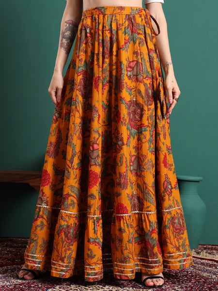 Yellow Printed Flared Maxi Skirt