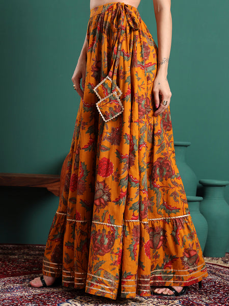 Yellow Printed Flared Maxi Skirt