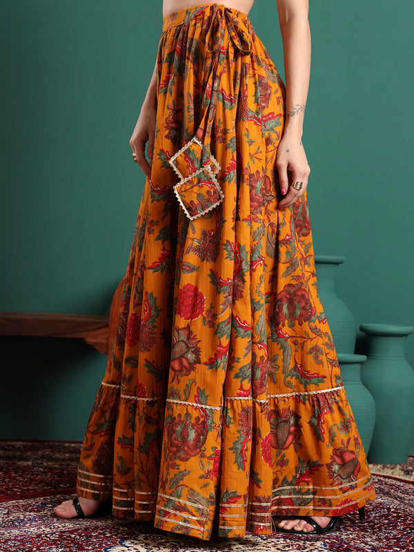 Yellow Printed Flared Maxi Skirt