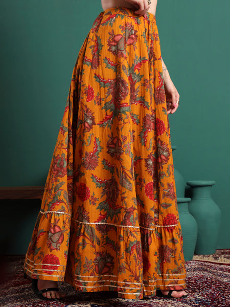 Yellow Printed Flared Maxi Skirt