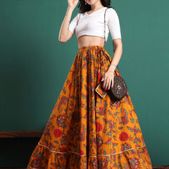 Yellow Printed Flared Maxi Skirt