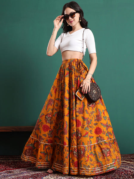 Yellow Printed Flared Maxi Skirt