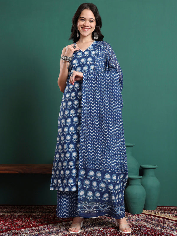 Women Floral Printed Cotton Kurta with Trousers & Dupatta