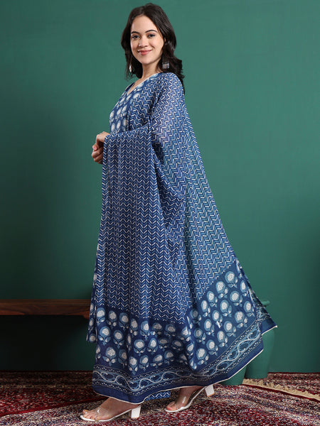 Women Floral Printed Cotton Kurta with Trousers & Dupatta