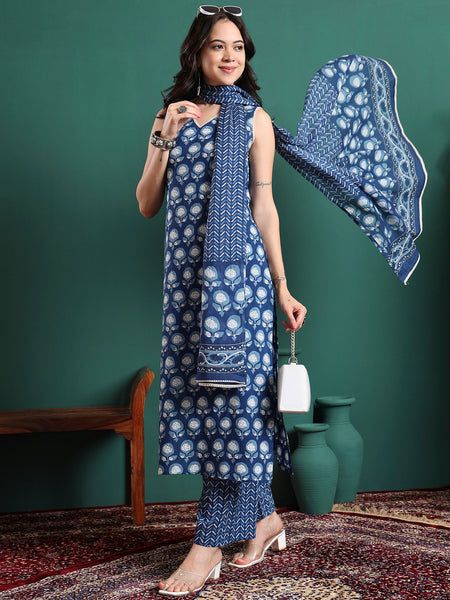 Women Floral Printed Cotton Kurta with Trousers & Dupatta