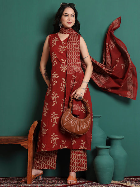 Women Ethnic Motifs Printed Cotton Kurta with Trousers & Dupatta