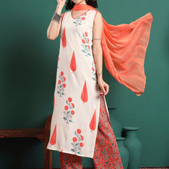 Women Floral Printed Cotton Kurta with Trousers & Dupatta