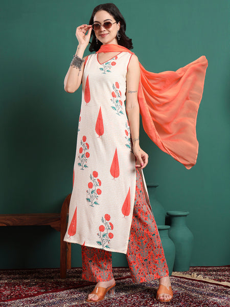 Women Floral Printed Cotton Kurta with Trousers & Dupatta