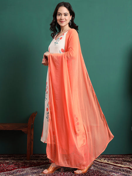 Women Floral Printed Cotton Kurta with Trousers & Dupatta