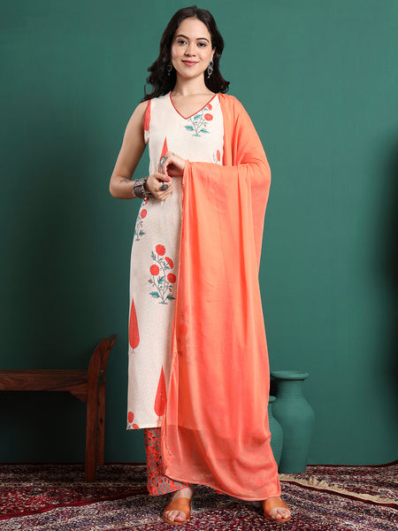 Women Floral Printed Cotton Kurta with Trousers & Dupatta