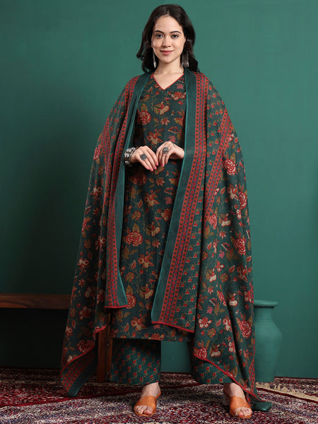Women Floral Printed Cotton Kurta with Trousers & Dupatta