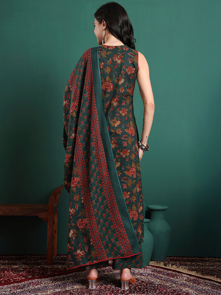Women Floral Printed Cotton Kurta with Trousers & Dupatta